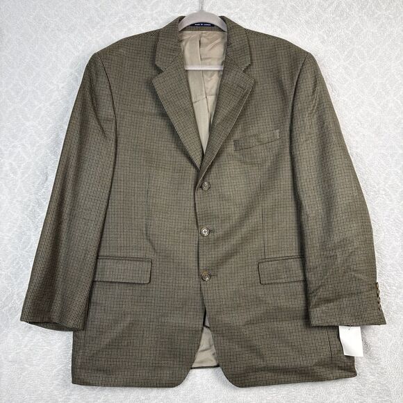 Vtg Ralph Lauren 44R Houndstooth Green Brown Silk Wool Sport Coat Blazer Jacket